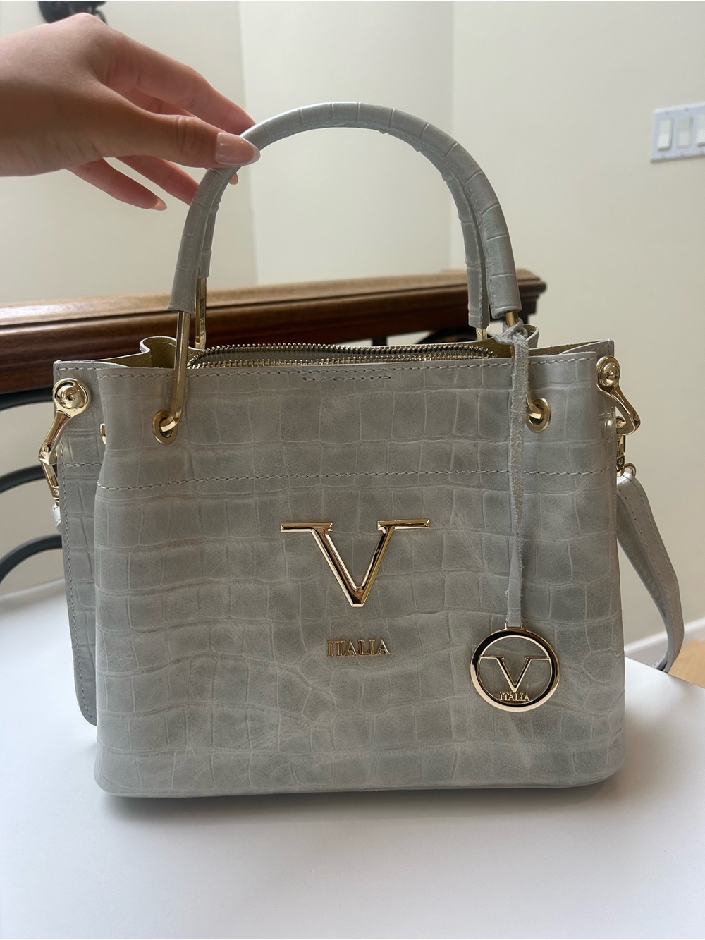 V Italia Croc-Embossed Top-Handle Satchel in Light Gray